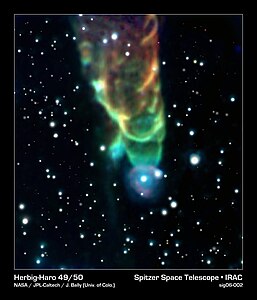 HH 49/50 vist amb infrarojos pel Telescopi Espacial Spitzer