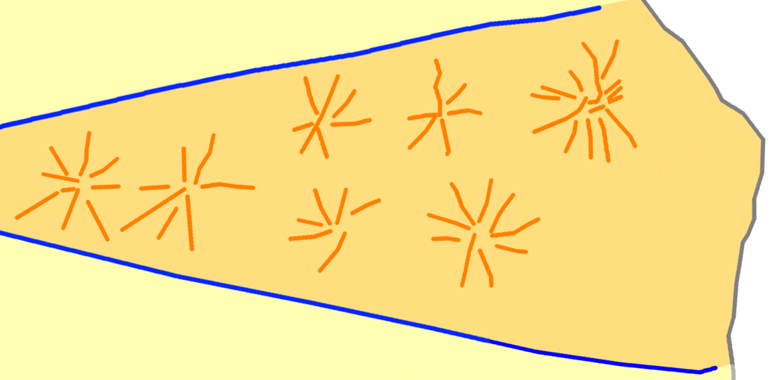 Die Darstellung von sieben sternartigen Symbolen im vierten Segment der Himmelstafel von Tal-Qadi. Siehe auch Wikibook Die Himmelstafel von Tal-Qadi / Abschnitt Halbrechtes Segment (4).