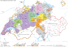 Switzerland in 1536, during the Reformation, just after the conquest of Vaud by Bern and Fribourg.