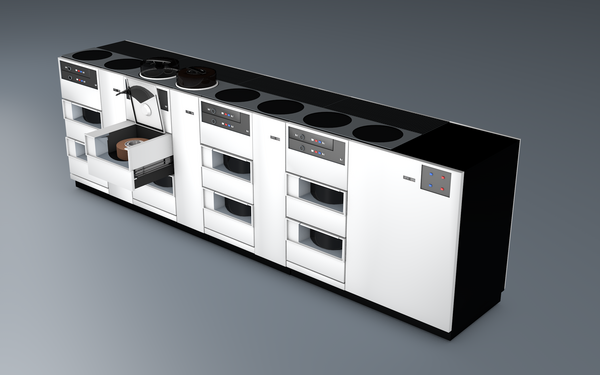 3D artist's concept of an IBM 3330 Direct Access Storage Facility. Shown are three 3330s and one 3333 (on the right)