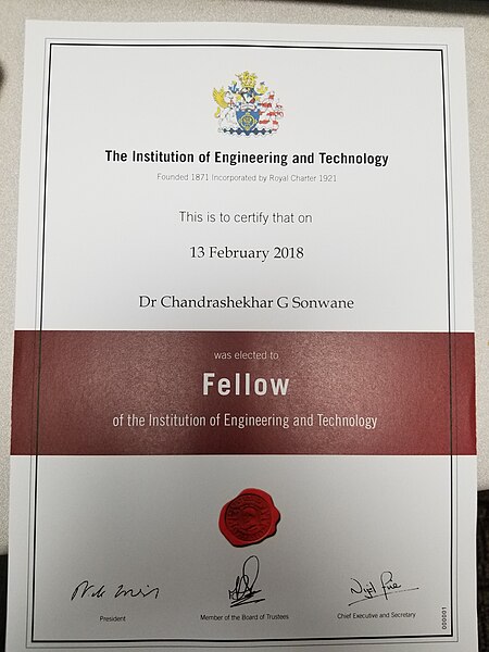 File:IET Fellow induction certificate (2018) of Dr. Sonwane.jpg