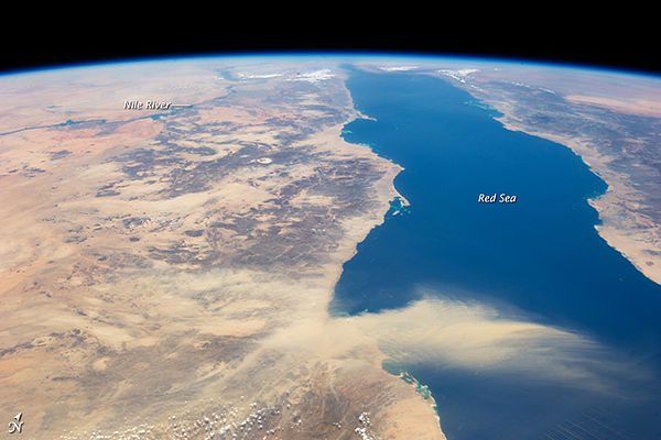 Annotated view of the Nile and Red Sea, with a dust storm, viewed from the International Space Station