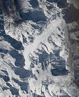 photo of Drolambao Glacier, mountain Drangnag Ri and Rolwaling Glacier from above, Tsho Rolpa Lake, Dragkar Go and Tengi Ragi Tau,