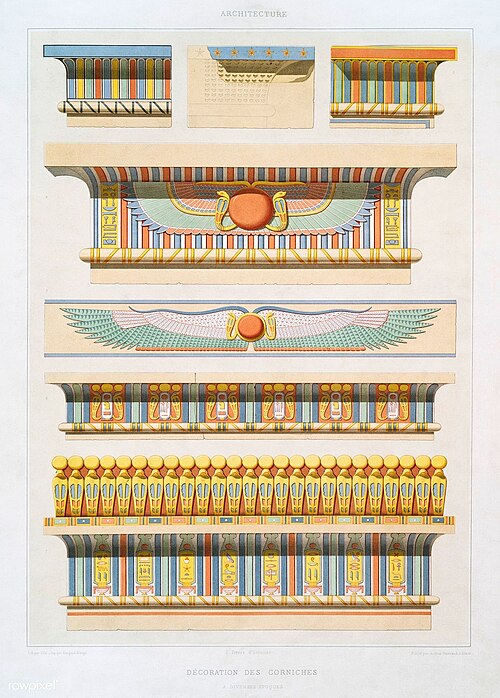Illustrations of various examples of ancient Egyptian cornices, all of them having cavettos