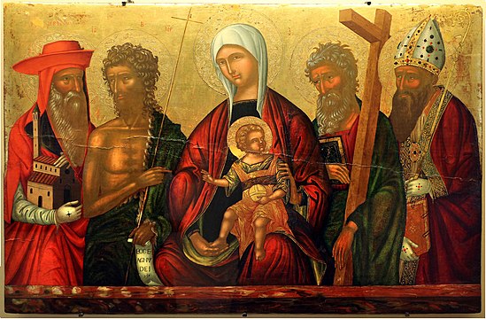 Ioannis parmeniates, madonna col bambino tra i ss. girolamo, g. battista, andrea e agostino, creta 1525 ca.jpg