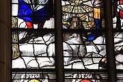English: Detail of the stained-glass window number 22 in the Sint Janskerk at Gouda, Netherlands: "The purification of the temple"