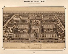 Københavns Kommunehospital fra 1863 var Danmarks første moderne sygehus, bl.a. opført på baggrund af koleraepidemien nogle år tidligere.