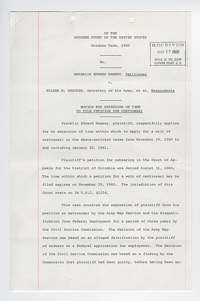 Page from Petition for Writ of Certiorari – Number 676 – Kameny v. Brucker, National Archives