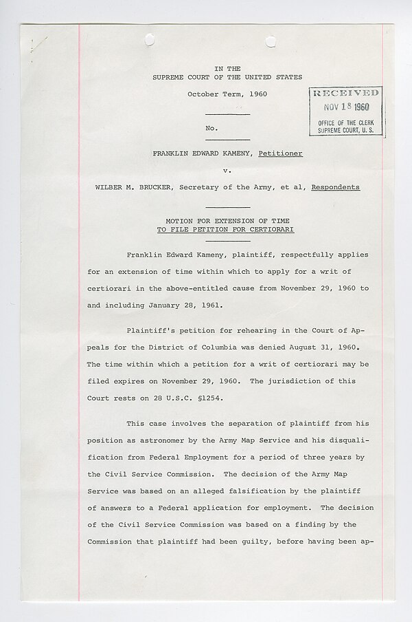 Page from Petition for Writ of Certiorari – Number 676 – Kameny v. Brucker, National Archives