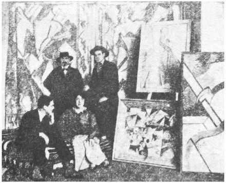 Kate Lechmere, Cuthbert Hamilton (seated), Edward Wadsworth and Wyndham Lewis at the Rebel Art Centre, March 1914