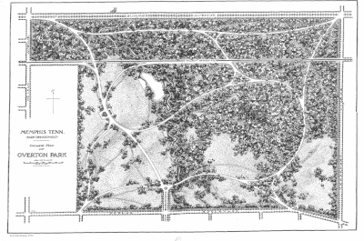 Kessler's plan for Overton Park. North Parkway is to the north (labeled Summer Avenue) and East Parkway is to the east (labeled Trezevant Street). KesslersOvertonPark.gif