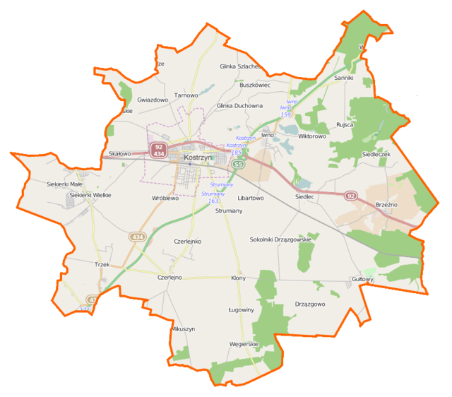 Mapa konturowa gminy Kostrzyn, blisko centrum na prawo znajduje się punkt z opisem „Kościół św. Mikołaja w Siedlcu”