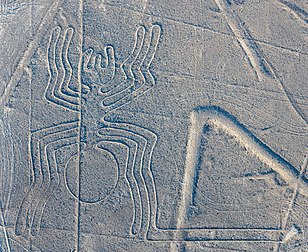 Vista aérea da "Aranha", um dos geoglifos mais conhecidos das Linhas de Nazca, localizados no Deserto de Sechura no sul do Peru. Os geoglifos deste Patrimônio da Humanidade segundo a UNESCO (desde 1994) estão espalhados por um platô de 80 km entre as cidades de Nazca e Palpa e têm a idade, segundo diferentes estudos, entre 500 a.C. e 500 d.C. (definição 5 563 × 4 555)