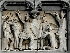 Vyobrazení bitvy Ambiorika s Římany na fasádě provinčního paláce v Lutychu.