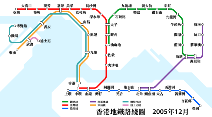香港地鐵2005年12月嘅路綫圖。