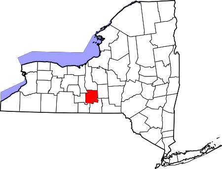 Location of Tompkins County in New York Map of New York highlighting Tompkins County.svg