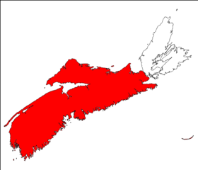 Carte de la Nouvelle-Écosse montrant la péninsule homonyme en rouge.