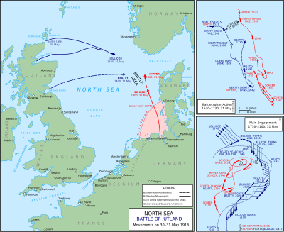 The British fleet sailed from northern Britain to the east while the Germans sailed from Germany in the south; the opposing fleets met off the Danish coast