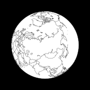 Figure 7: View of the Earth from the apogee of a Molniya orbit under the assumption that the longitude of the apogee is 90° E. The spacecraft is at an altitude of 39,867 km over the point 90° E 63.43° N.
