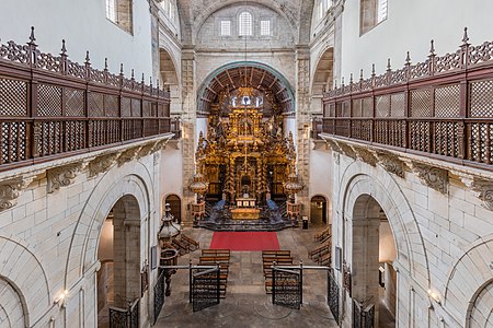 View of the main nave of the church of the monastery of San Martiño Pinario, Santiago de Compostela, Galicia, Spain. The temple, a work of Mateo López and González de Araújo, Bartolomé Fernández Lechuga and José de Peña y Toro, was finished in 1652. The jewel of the church ist the elaborated reredos, the biggest designed Fernando de Casas Novoa of baroque style.