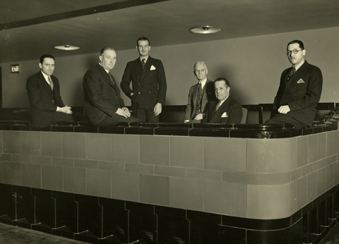 The architecture team for Kansas City's Municipal Auditorium. (L to R) William L. Cassell, Edwin M. Price, Homer F. Neville, Henry F. Hoit, Alonzo H. Gentry, Alfred E. Barnes. November, 1935. Folder 6; Alfred Edward Barnes (1892-1960) Architectural Records (K0004); The State Historical Society of Missouri Research Center-Kansas City. Photo taken by The Harkins Commercial Photo Co. Kansas City, MO. Municipal Auditorium Architecture Team (cropped).png