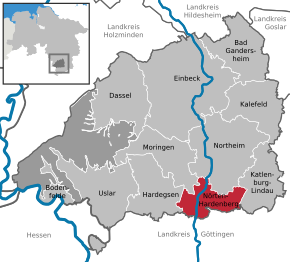 Poziția comunei Nörten-Hardenberg pe harta districtului Northeim