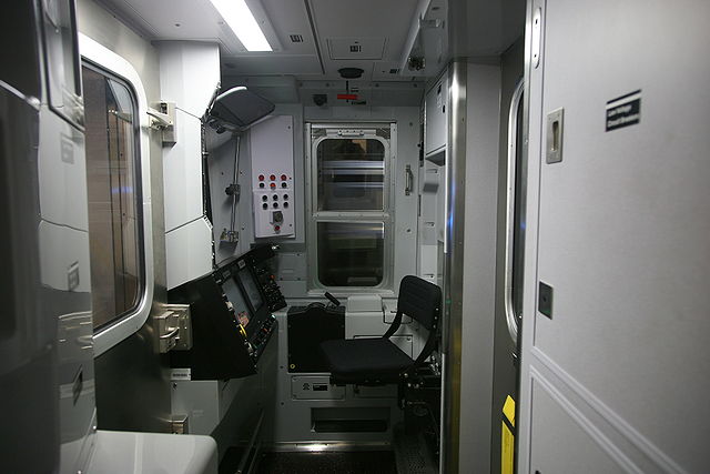 A driver's cab of a R160A subway car on an N train