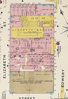 1905 map of the block between Elizabeth (west) & Bowery (east), Bayard (south) and Canal (north). The premises of the Atlantic Garden correspond roughly to the large yellow area. NYC block including Atlantic Garden and Thalia Theatre, 1905.jpg