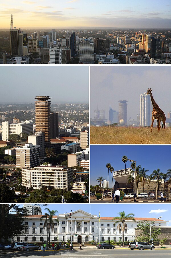 Clockwise from top: central business district; a giraffe walking in Nairobi National Park; Parliament of Kenya; Nairobi City Hall; and the Kenyatta In