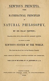 Title page to a 1848 copy of The Mathematical Principles of Natural Philosophy, translated into English by Andrew Motte