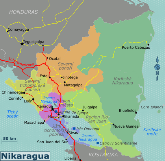 Mapa regionů Nikaraguy