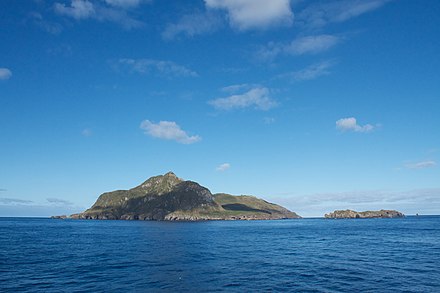 Nightingale Island as seen from the northeast with Alex Island on the right and the landing just right of the centre of the image