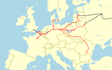 Route of the Nord Express and its through coaches and connections between 1925 and 1939. Nord Express Interwar period.svg