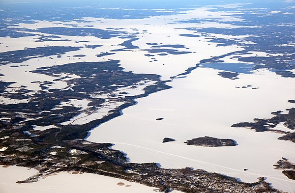 Aerial view of frozen Lake Päijänne.