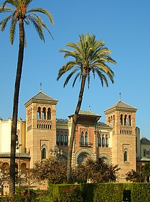 The Mudejar pavilion of the Parque de Maria Luisa in Seville appeared as Damascus. Pabellon Mudejar.JPG
