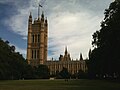 The Palace of Westminster seen from the Victoria Tower Gardens.