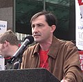 WGA President and Futurama writer Patric Verrone speaks at a strike rally in Culver City