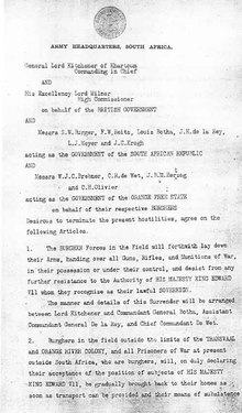 Peace Treaty of Vereeniging, 31 May 1902. Pdf file of four pages. Peace Treaty of Vereeniging, South Africa, 31 May 1902.pdf