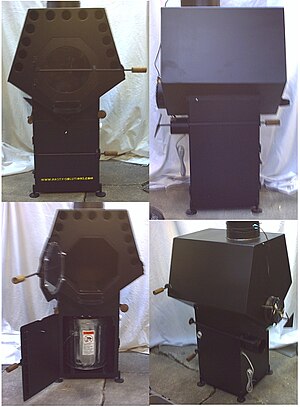 The pentagonal self-cleaning wood stove, is an EPA style[clarification needed] secondary combustion air wood stove with a fan forced heat exchanger, thermostat, outside air intake with throttle, shakers, and ash drop for easy cleanup.