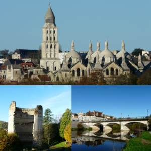 Photomontage : en haut, une cathédrale vue de profil avec son clocher à gauche ; en bas à gauche, une tour éventrée dans un parc arboré ; à droite, un pont de 3 arches se reflétant dans une rivière.
