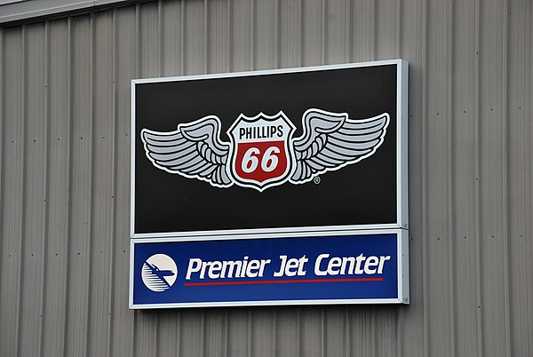 Winged version of logo used for domestic airplane fuel stations, seen in Hillsboro, Oregon