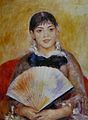 『扇を持つ女性（フランス語版）』1881年。油彩、キャンバス、65 × 50 cm。エルミタージュ美術館[149]。第7回印象派展出品。