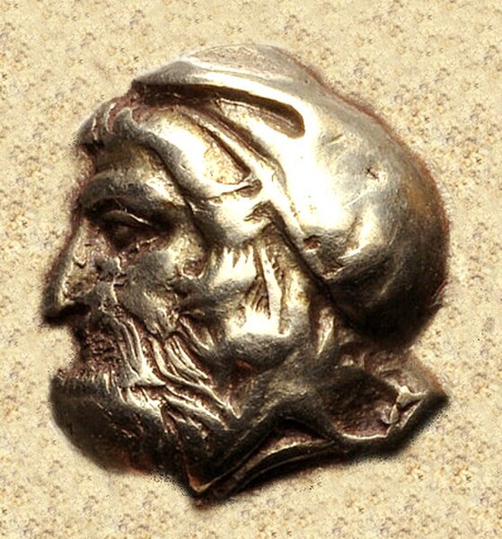 Anonymous portrait of a satrap of Asia Minor, around the time of Cyrus the Younger. From a coin of Ionia, Phokaia, circa 478-387 BC.