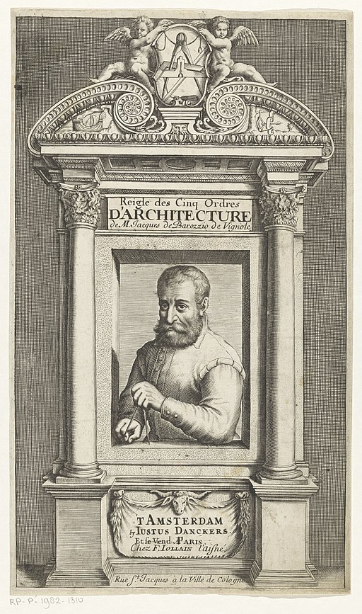 Portret van Giacomo Barozzi da Vignola Titelpagina voor Giacomo Barozzi da Vignola, Reigle des Cinq Ordres d'Architecture, s.a., RP-P-1982-1310