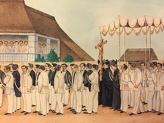 The Principalia of a rural parish in colonial Philippines, joining the Holy Week procession. Illustration, c. 1870