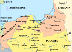 La evolución de Prusia en el conflicto: feudo polaco-lituano administrado por Brandeburgo antes de la contienda (1); feudo sueco concedido a Brandeburgo junto con Warmia (2); territorio cedido completamente a Brandeburgo por Suecia (3); y ducado cedido totalmente a Brandeburgo por Polonia-Lituania mientras que Warmia y la Prusia Real permanecían en la Confederación (4).