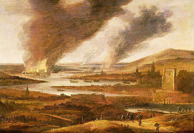 A picture by Willem Schellincks of the raid. The view is from the south. On the left Upnor Castle is silhouetted against the flames; on the opposite s