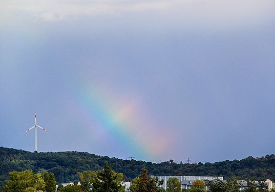 Rainbow formation next to a modern day windmill.