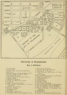 Rand McNally map of Penn circa 1915, reflecting the growth caused in part by Provost Edgar Fahs Smith and first director of public relations, George E. Nitzsche. Rand McNally map of University of Pennsylvania campus 1915.jpg