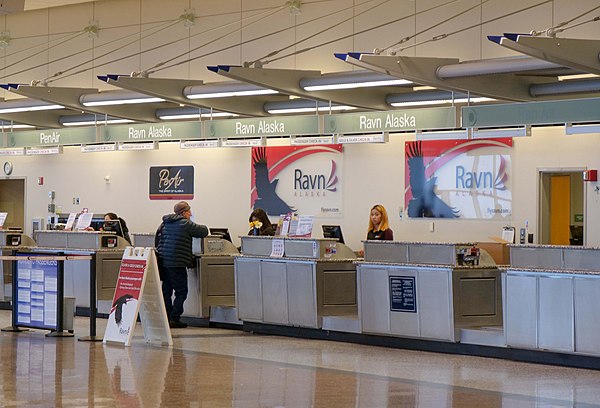 RavnAir's check-in counters at Ted Stevens Anchorage International Airport